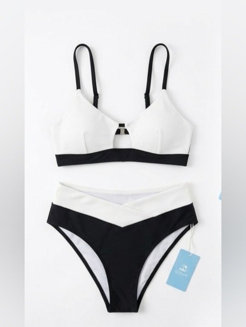 Cupshe Two-Tone Black and White High-Waist Bikini Bottom Size XL